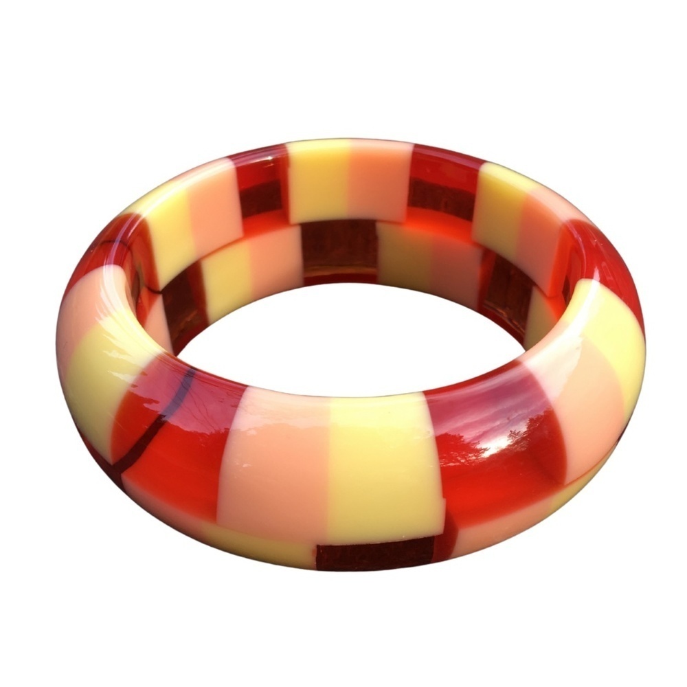 Chunky Resin Checker Bangle – Red, Yellow & Peach – 65mm